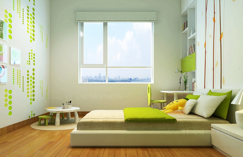 Child's bedroom with safe blinds. Modern interior design, featuring a bed, desk, and window with a view. Green accents and playful wall decor.
