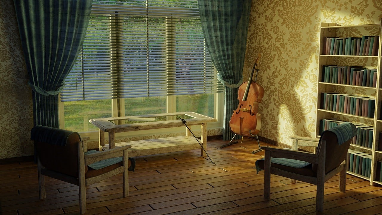 Cozy room with best blinds, cello, and bookcase. Natural light streams through window. Ideal for granny flats in Perth.