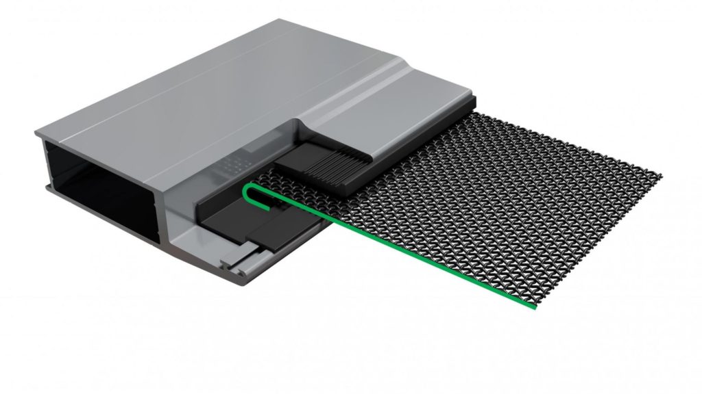 Close-up of Meshlock doors and screens showing the aluminum frame, black mesh screen, and green spline. Durable and secure screen door detail.
