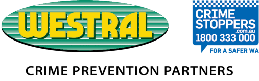 Westral logo in green oval with yellow text, alongside Crime Stoppers logo with phone number 1800 333 000 for a safer way.