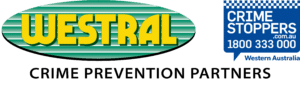 Westral CrimeStoppersWA NoAustStd Elite Security Doors 2 Slide 1: Westral logo in yellow on green oval, Crime Stoppers Western Australia logo with phone number 1800 333 000 on blue background.
