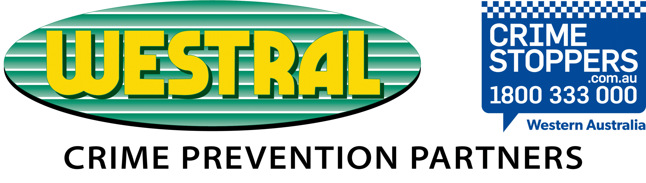 Slide 1: Westral logo in yellow on green oval, Crime Stoppers Western Australia logo with phone number 1800 333 000 on blue background.