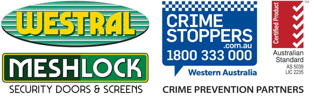 Westral CrimeStoppersWA All2 1 Meshlock Doors & Screens 1 Logos for Westral, Meshlock Security Doors & Screens, Crime Stoppers, and Australian Standard Certified Product. Meshlock doors provide security.