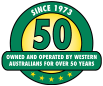 Blinds: Logo stating Since 1973, 50, Owned and operated by Western Australians for over 50 years, with stars at the bottom.