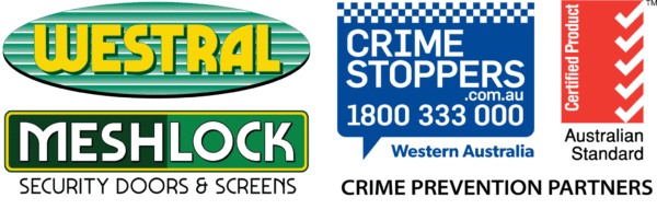 Westral and Meshlock logos, Crime Stoppers Western Australia logo, and a Certified Product logo, representing community partnerships.