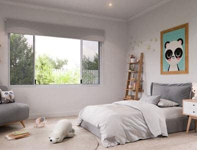 Bright child's bedroom, community include, with a bed, window, panda art, and soft toys. Ladder shelf and gray color scheme. Natural light.